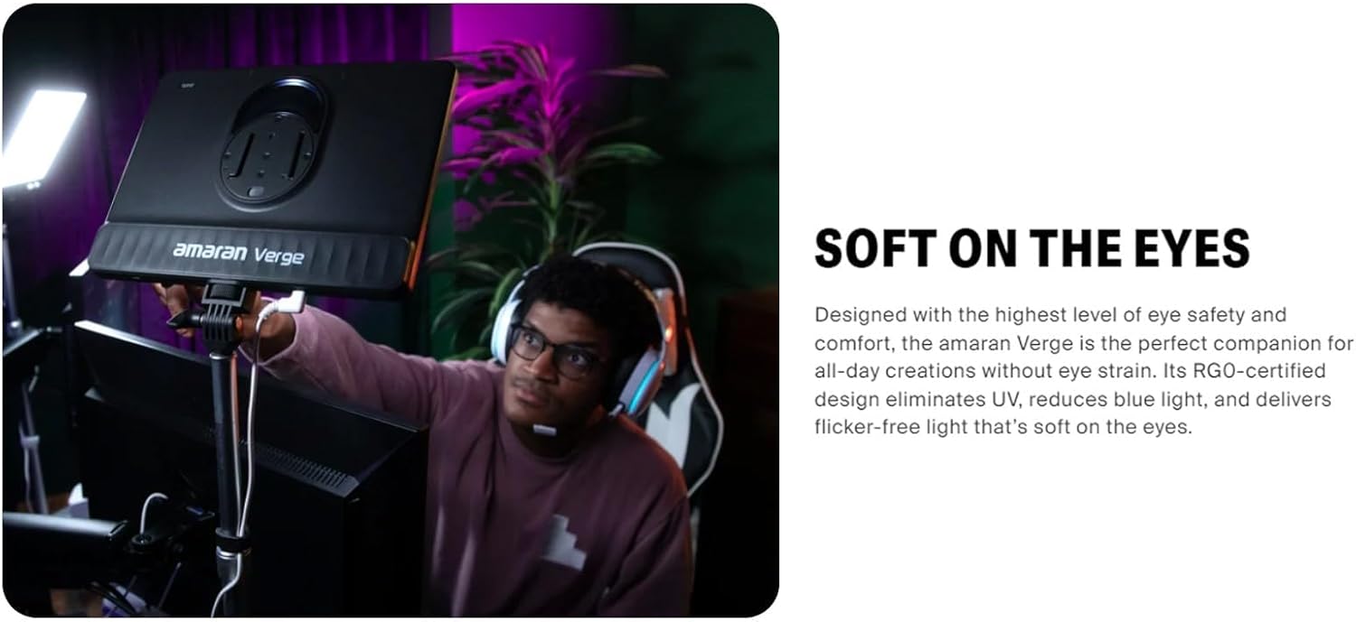 Amaran Verge Bi-Color Edge-lit Rectangular Panel Light, 96+ CRI,0-100% Brightness & 2700K-6500K,Bi-Color,Front-Facing Knobs and APP Control, USB-C PD, Silent for Streaming & Video(White)