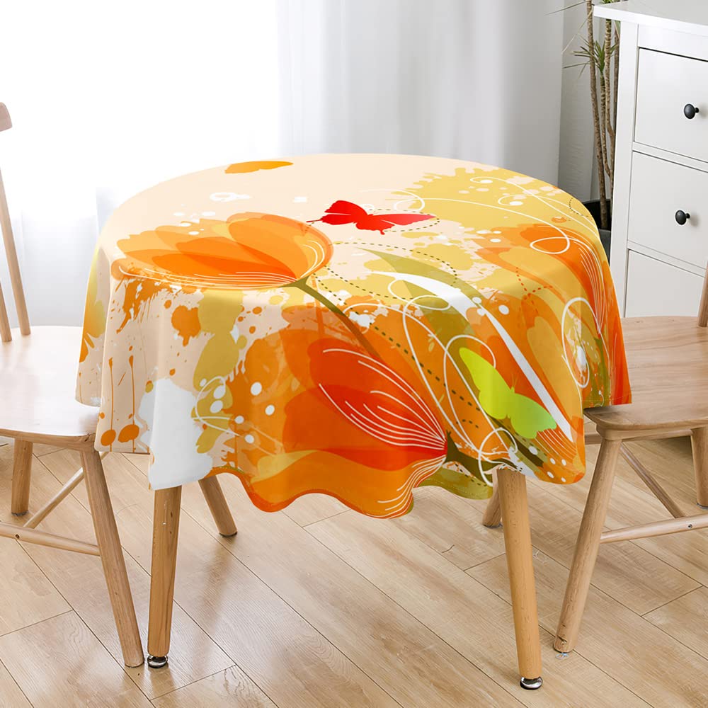 Lukery 3D Tulips Table Cloth Round Tablecloth Wipe Clean Tablecloths, Table Decoration for Party Kitchen Garden Indoor Outdoor (Orange,Diameter 120cm)