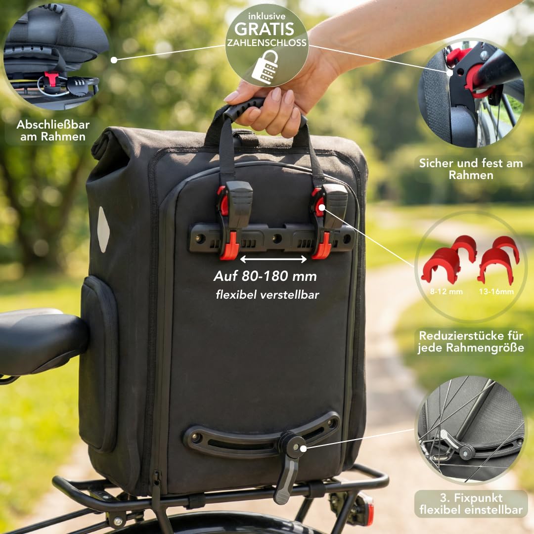 3in1 Fahrradtasche Rucksack – 27L – 100 % wasserdichte Gepäckträgertasche, Tragetasche & Rucksack mit Laptopfach & Reflektoren – abschließbar – inkl. Schultergurt & Zahlenschloss