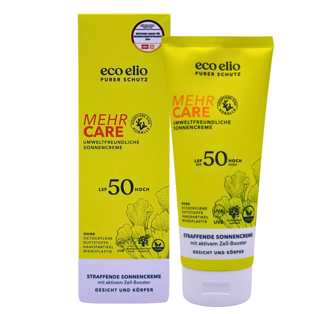 eco elio Mehr Care LSF 50, 2x 200 ml I Sonnencreme mit Niacinamid & Blue-Light-Schutz I Straffend, schnell einziehend & vegan I Für Gesicht & Körper I Spar-Set plus Pharma Perle give-away