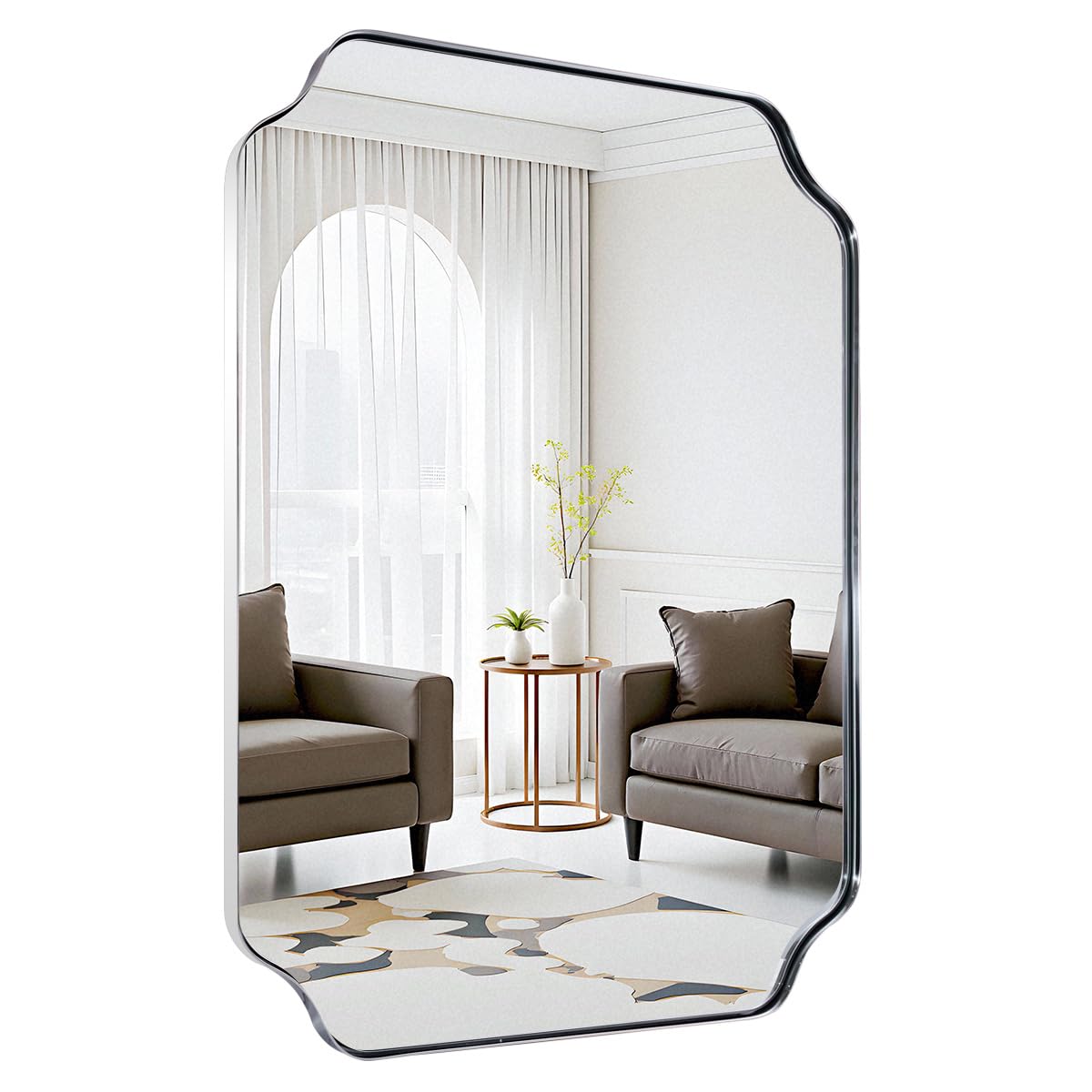 Photo 1 of MIRRORART 30x40 Inch Chrome Bathroom Mirrors, Scalloped Bathroom Vanity Mirrors for Wall, Notched Corner Rectangle Mirror in 1’’ Stainless Steel Metal Frame Home Remodel Wall Mount Vertical/Horizontal