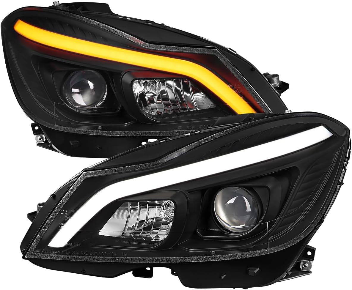 SPEC-D TUNING Black Switchback Sequential LED Tube Projector Headlights Compatible with 2012-2014 Mercedes-Benz W204 C-Class C250 C300 C350 C63, Left + Right Pair Headlamps Assembly