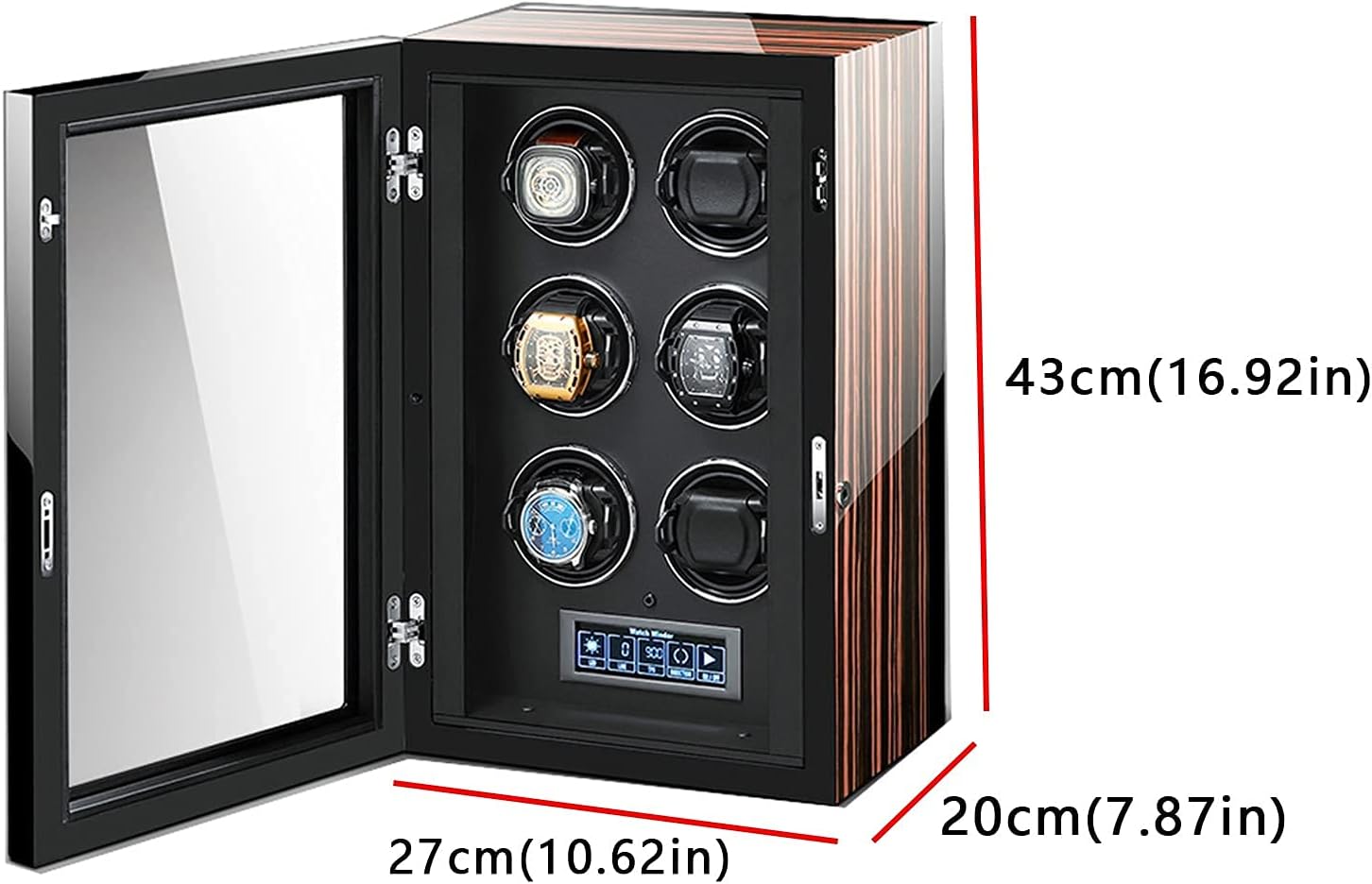 Automatic Watch Winder LCD Touch Display Control Screen with Remote Control Carbon Fibre Exterior Piano Finishing Wood Wooden Automatic Watch Winder Box Display Case Box ()