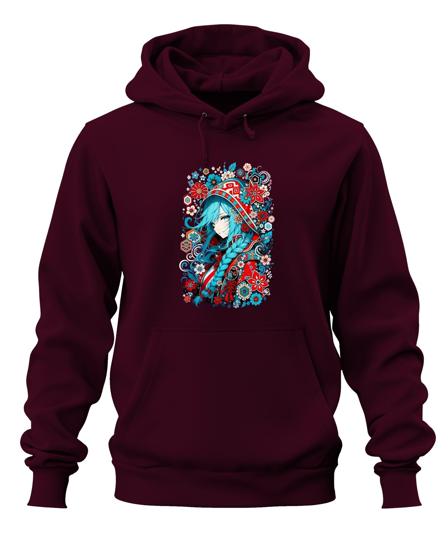 Anime dziewczęca niebieskie włosy Japonia Y2K bluza z kapturem, burgundowa, L | Aesthetic warkocz kwiaty tradycyjny Cosplay fantazja prezent dla geek kolorowy portret folkloru