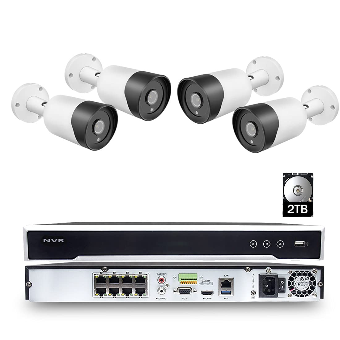 8CH 4K PoE Home Security Camera System, 4K 8MP 8-Channel H.265 NVR with 2TB HDD, 8MP PoE Bullet IP Cameras(4Pcs) with Audio Detection, IP66 Water-Proof for 24/7 Recording