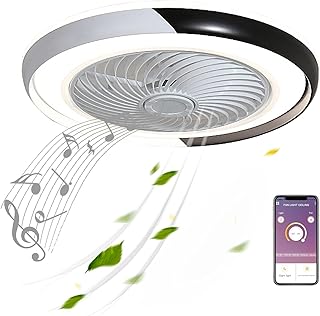 Czarny wentylator sufitowy z Bluetooth, z pilotem zdalnego sterowania, aplikacja i głośnikiem, cichy timer, wentylator sufitowy z oświetleniem LED, możliwość ściemniania, do pokoju dziecięcego, dla fanów, lampa sufitowa, płaska, do sypialni