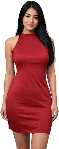 AKHIRAH Women’s Red Sleek Sleeveless Bodycon Mini Dress – Figure-Flattering Halter-Neck Casual &amp; Party Outfit