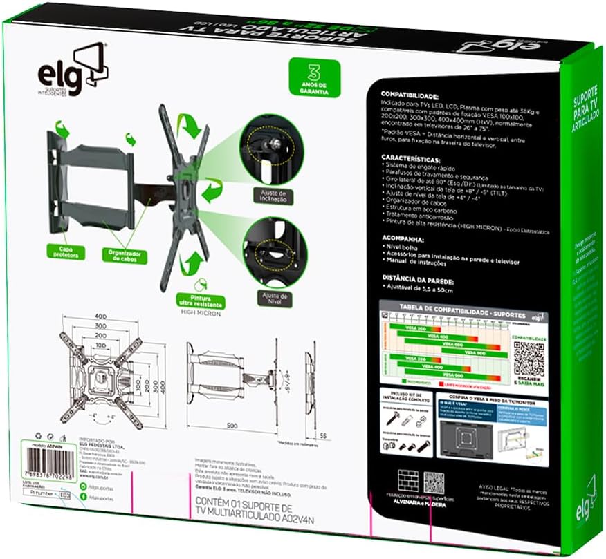 Suporte de TV Articulado de Parede, Função Avanço e Recuo, Giro Horizontal de Até 90°, VESA 100x100 a 400x400mm, 26" a 75", Preto, A02V4N, ELG
