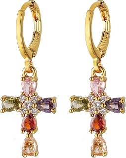 Cross Earring for Women 14K Gold Plated Hypoallergenic Dangle Hoop Earrings Dainty Crystal Cubic Zirconia Earrings