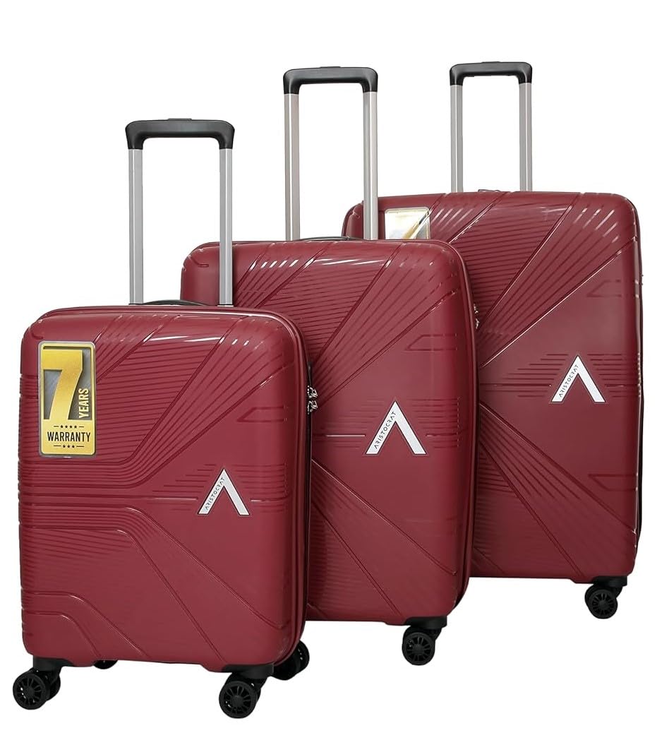 VIP VIP Polypropylene Aristocrat Hard Shell Luggage Set, 55/66/76 cm,Set of 3 Suitcases with 8 Spinner Wheels,Number Lock and 7 Years International Warranty (Maroon)