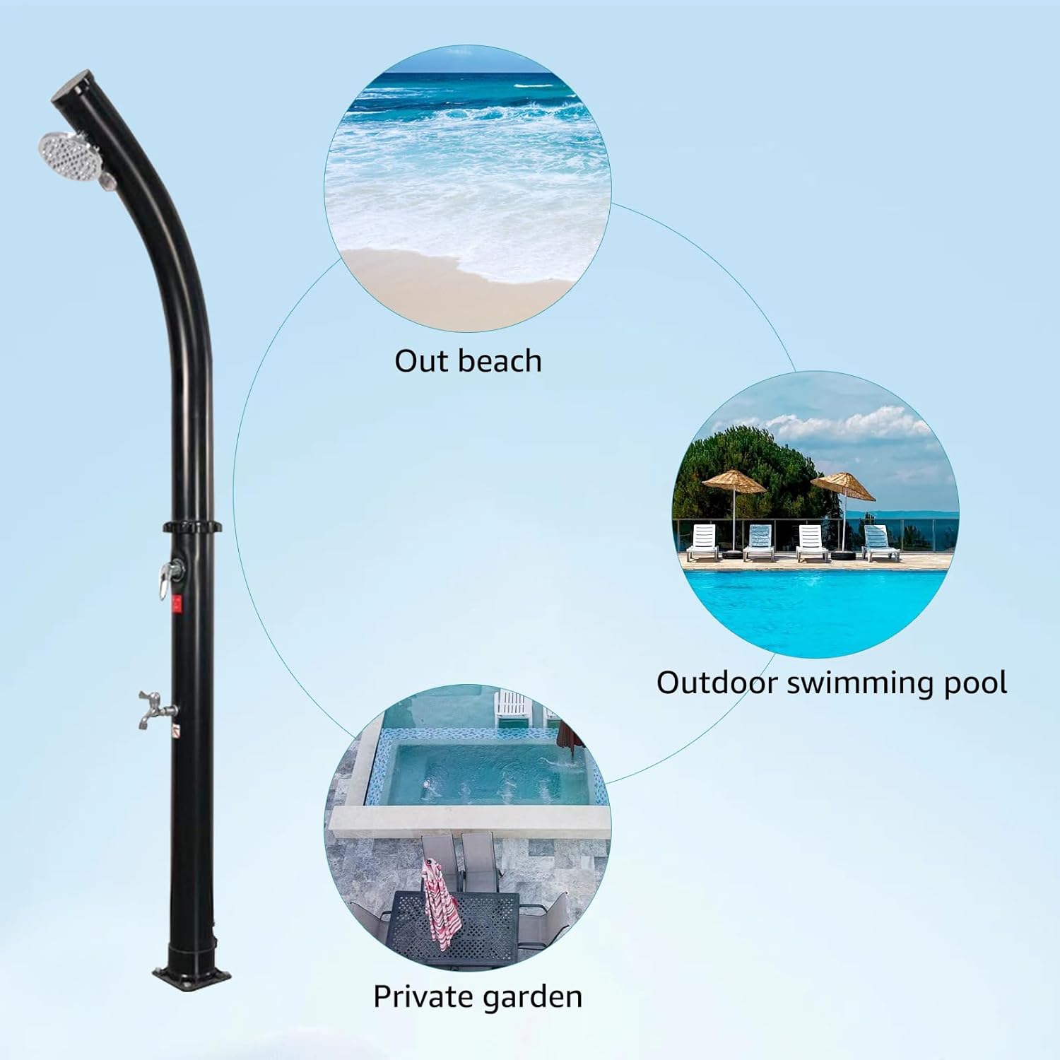 6.5 FT 5.3 Gallon Solar-Heated Outdoor Shower, Pool Shower w/Shower Head & Foot Tap Spigot & Thermometer, Facet for Backyard, Garden, Beach, Spa