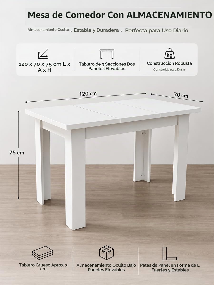 Mesa Comedor Blanca Rectangular Mesa Cocina Salón 120×70×75cm | Dos tapas laterales elevables ocultan compartimentos para vajilla y utensilios, mientras el panel central queda disponible