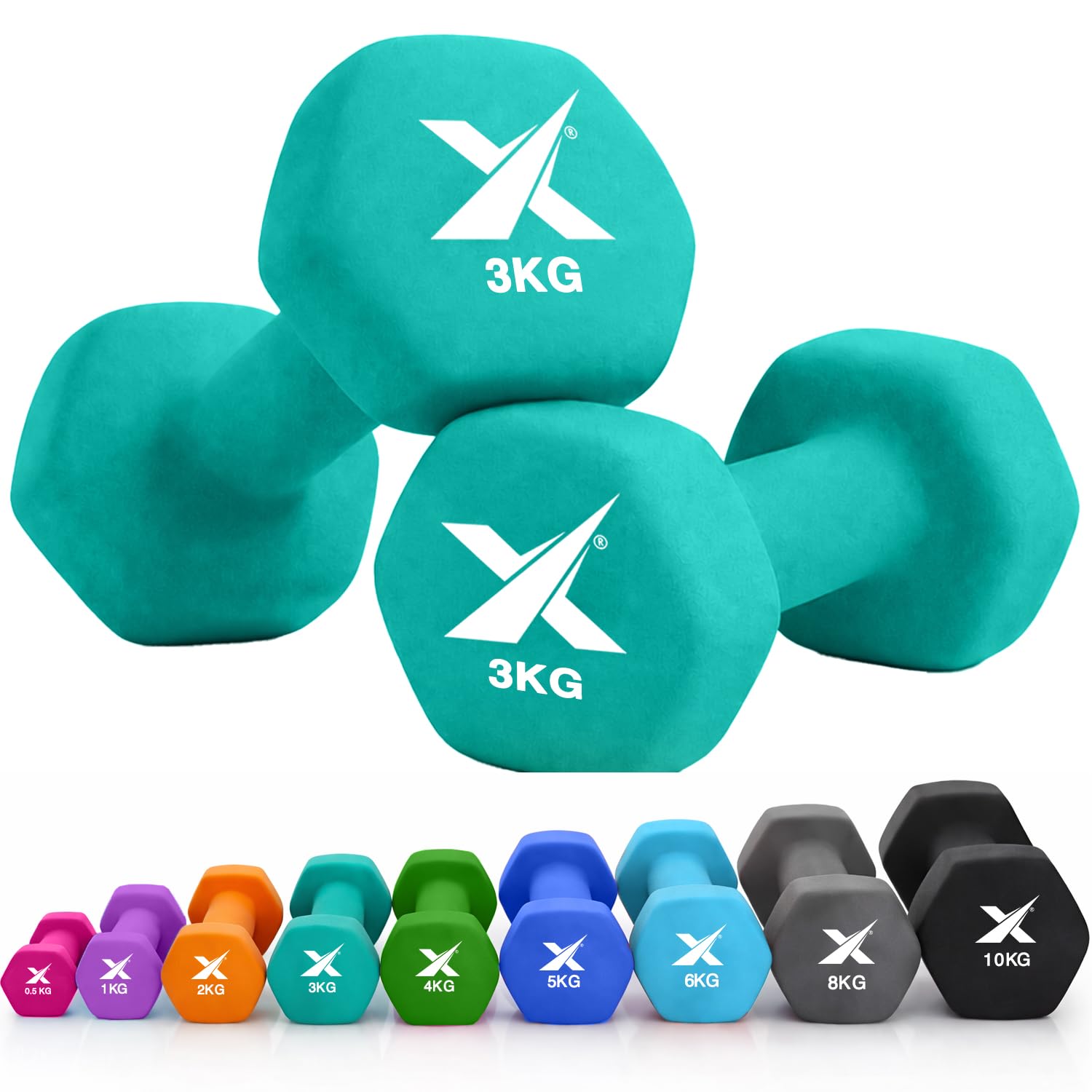 XN8 Neoprene Dumbbell Set, Non-Slip Dumbbells Pair of 0.5kg–10kg Hand Weights, Home Gym Strength Training Weights for Men & Women, Aerobics, Pilates, Body Toning, Arm, Biceps & Fitness Exercises