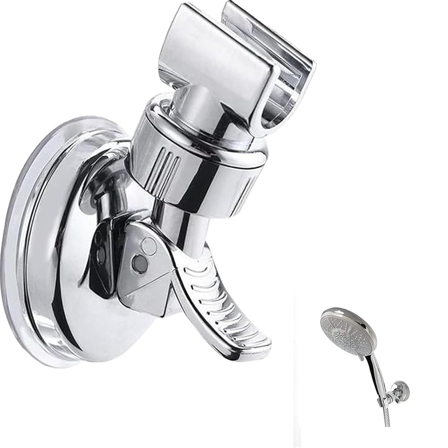 Adjustable Shower Head Holder with Powerful Suction Cup, 360° Rotation No Drill Wall Mount, Removable Universal Silver Bracket for Handheld Shower Heads Bathroom Home Hotel