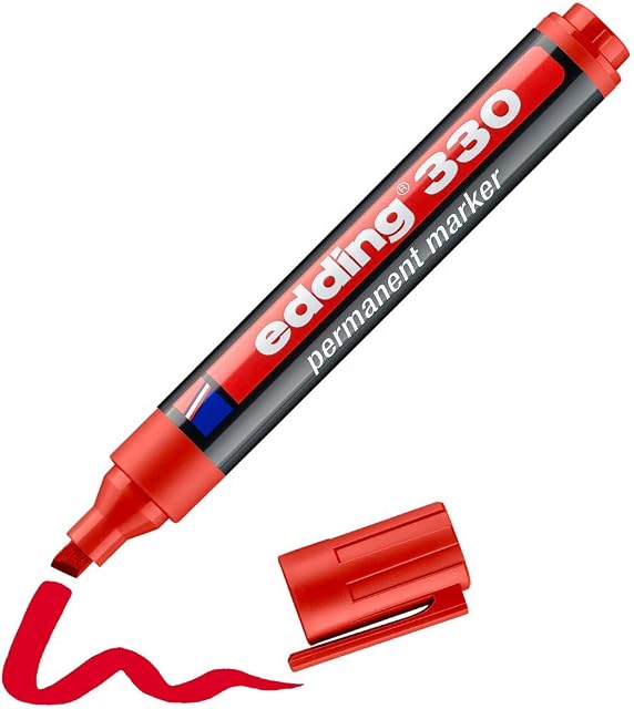 edding 330 permanent marker - red - 1 pen - chisel nib 1-5 mm - waterproof, quick-drying, smear-proof pens - for cardboard, plastic, glass, wood, metal and fabric