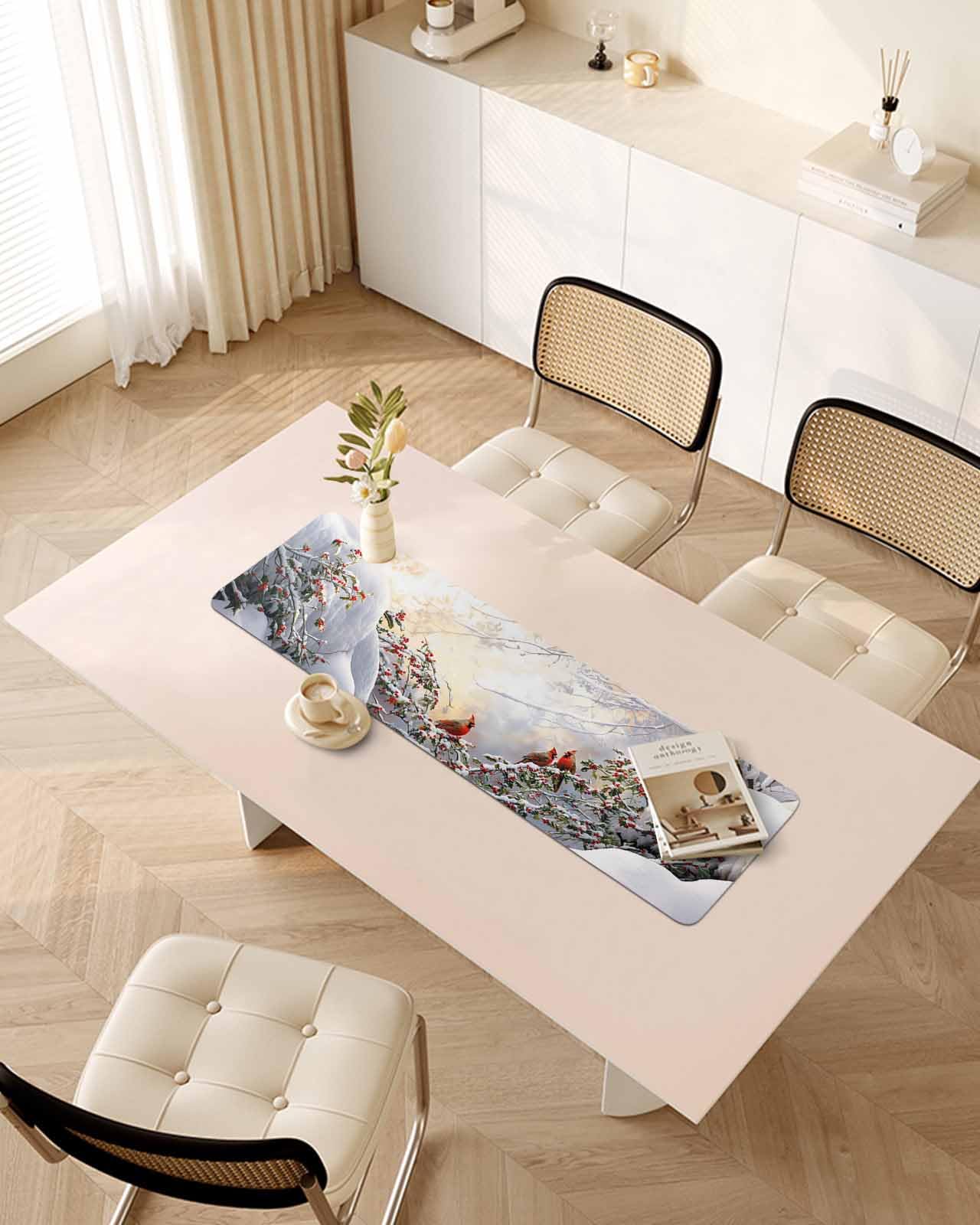 Debedcor Heat Proof Table Pads Waterproof Decorative, Winter Birds Non-Slip Table Countertop Protector, Rustic Forest Birds Berries Snow Insulation Mat for Kitchen Room, 40 x 12 Inches