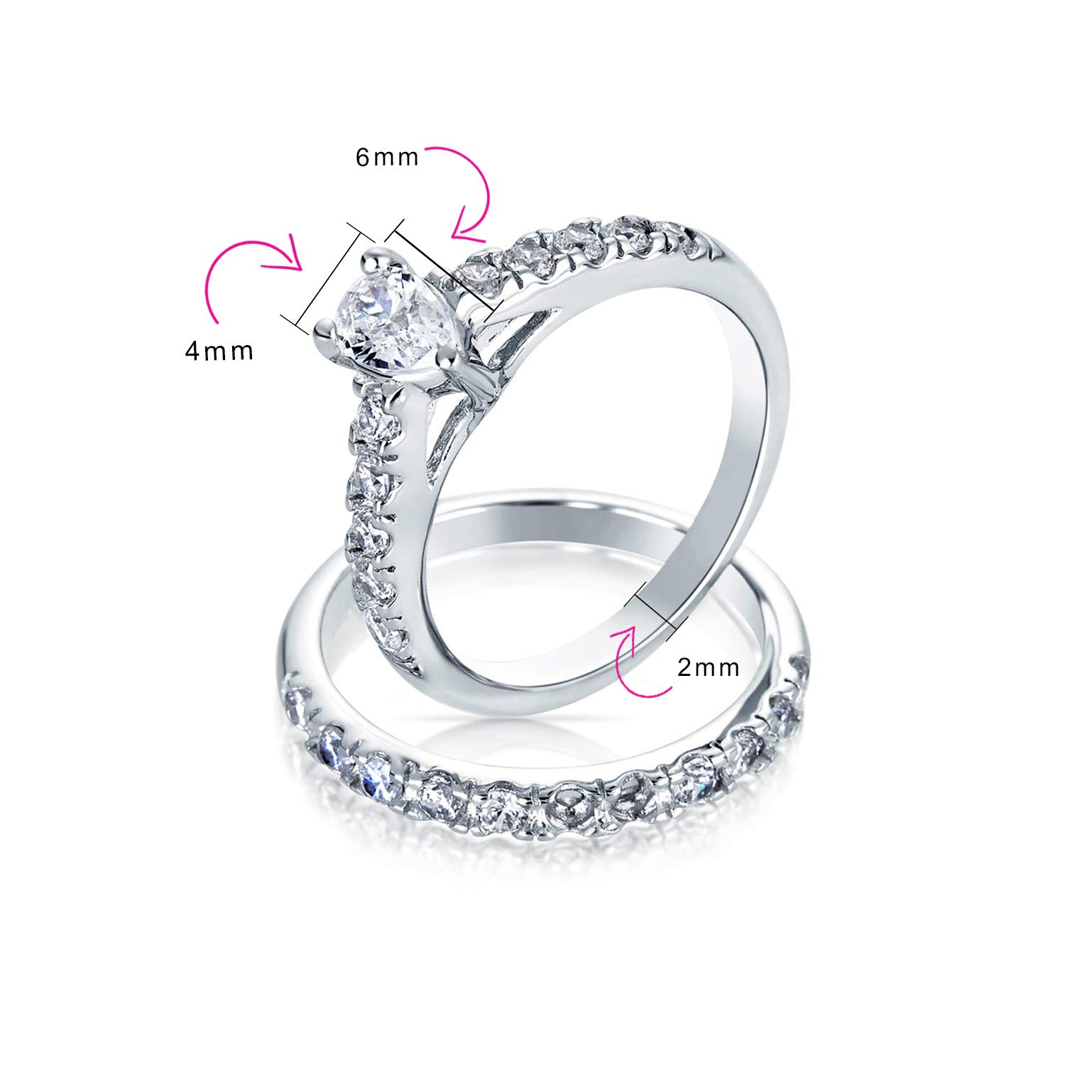 Personalizza Tradizionale 1CT Pera Zircone Cubico a Goccia o Rotondo Solitario Fede Sottile con Pavé AAA CZ Set di Anelli Anniversario Fidanzamento Matrimonio per Donna .925 Argento Sterling