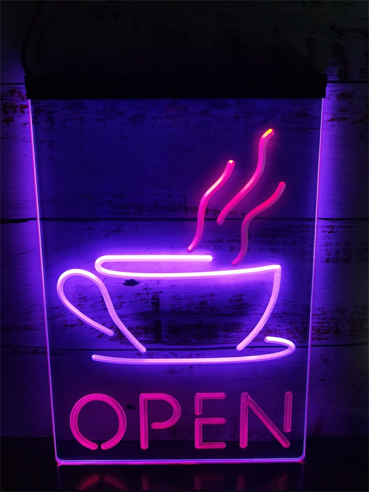 KEYQEEN Open Coffee Cup LED Neon Sign, Cafe Shop Party Dual Color Neon Lights for Wall Decoration USB Luminous Signboard,Red Purple,30x40cm