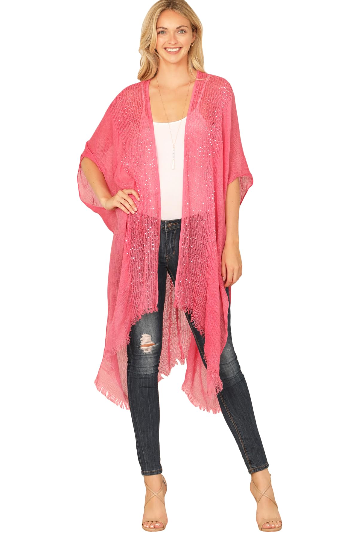 RIAH FASHION Bohemian Sequin Glitter Shawl Wrap Poncho - Kimono Cardigan, Sparkly Metallic Mesh Scarf, Open Knit Crochet