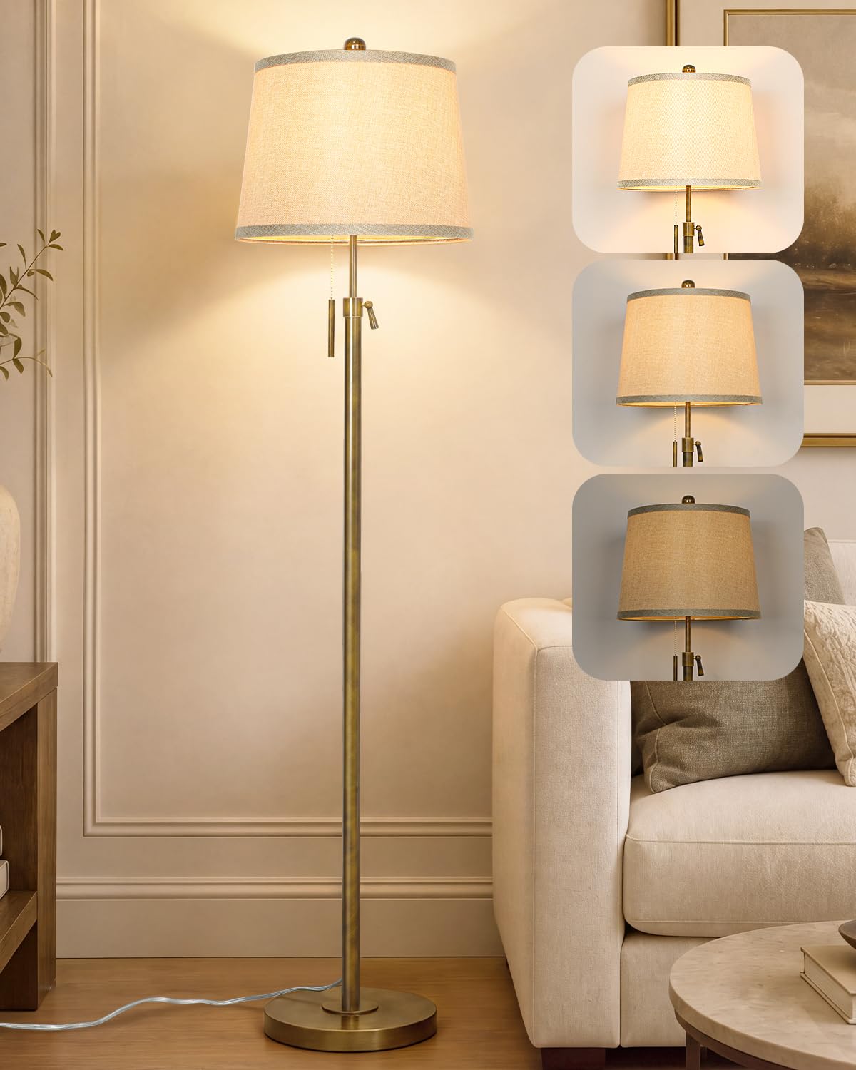 Antique Brass Floor Lamp Adjustable Height 55' to 65' Tall 3 Brightness Way