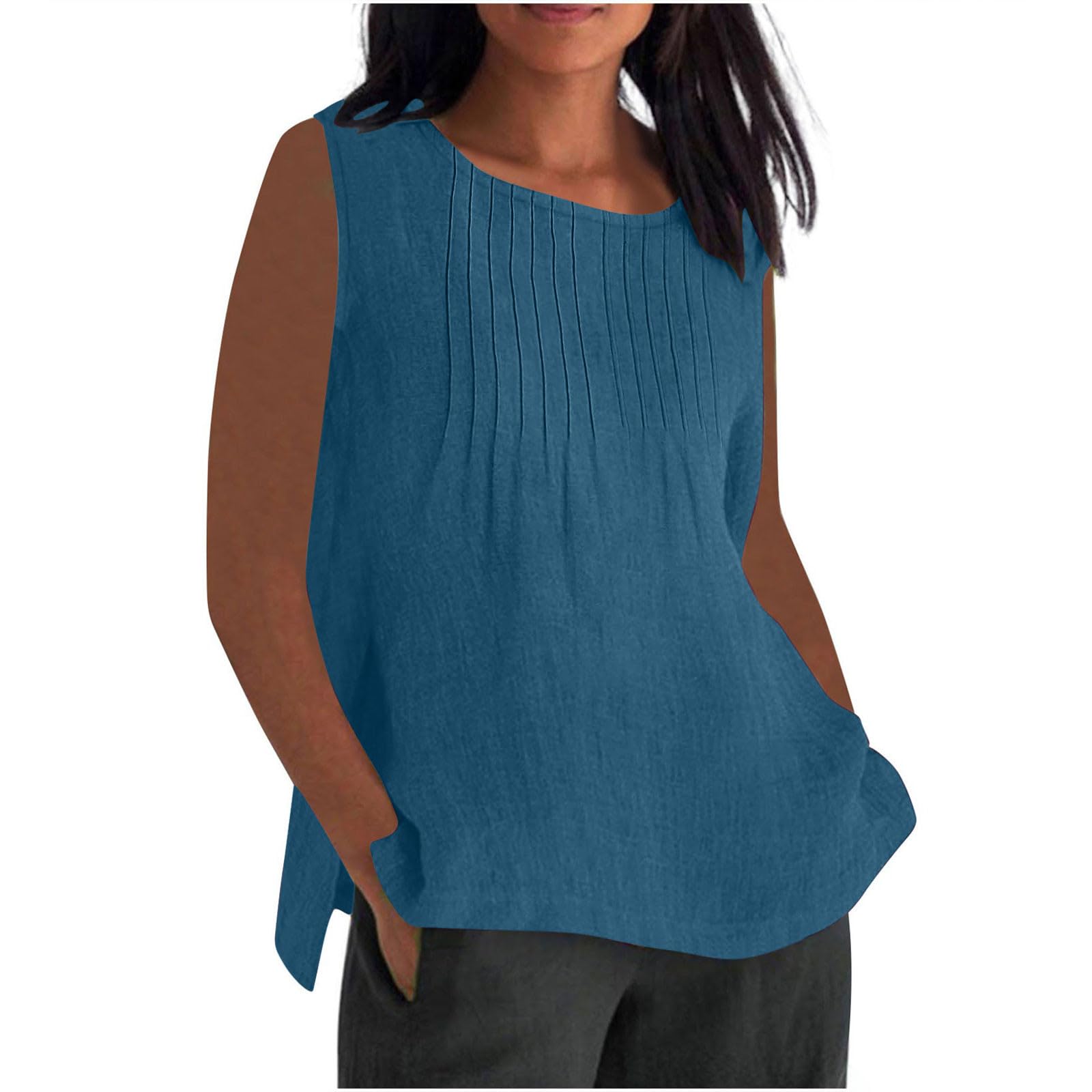 RLEHJN Musselin Tank Top Damen,Lang Trägertop Locker T-Shirt Lässige Baumwoll Leinen Tanktops Sommer Plissierte Ärmelloses Tunika Leichte Damen T-Shirt Strand Vest Blusentop Übergröße S-5XL