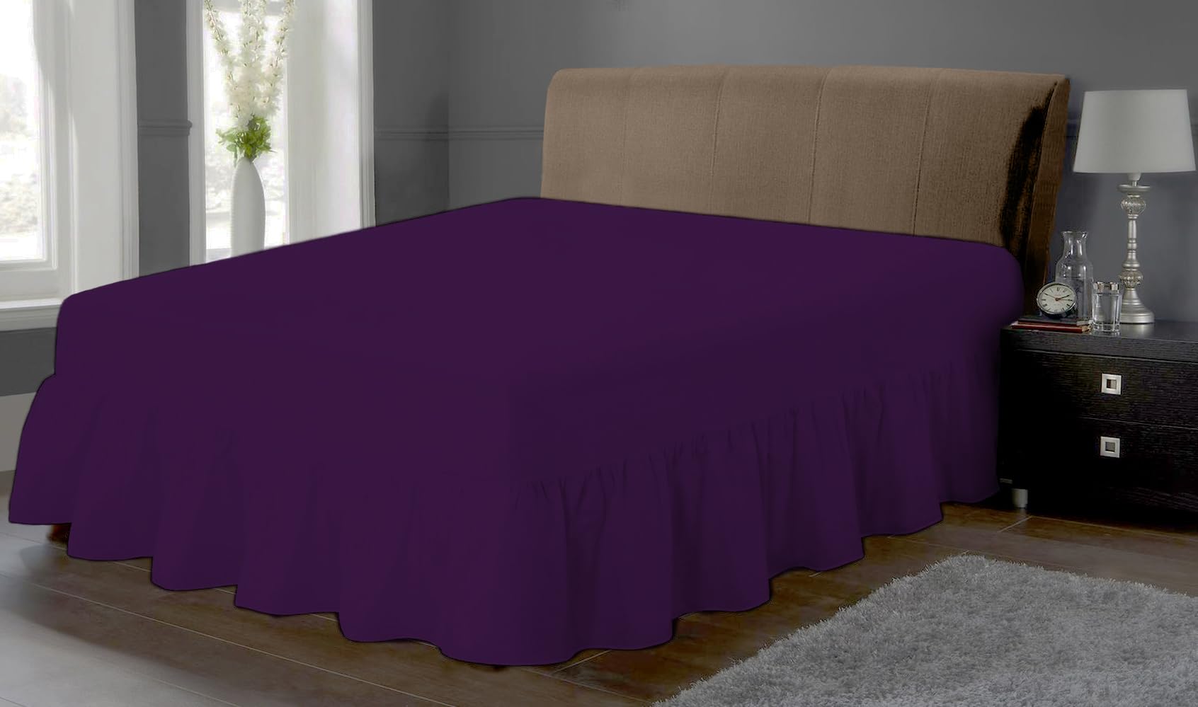 Luxury Plain Dyed 100% Polycotton Frilled Valance Fitted Sheet Extra Deep Easy Care Frilled Valance Sheet Bedding Set (Plum, Single)