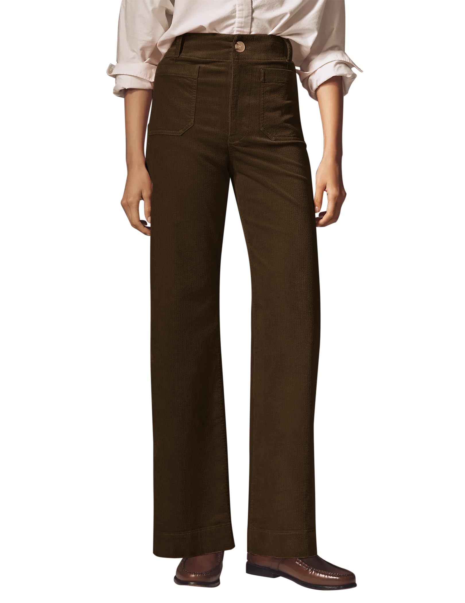 Womens Corduroy Wide Leg Pants 2025 Fall Fashion Casual Button Down High Elastic Waist Loose Trousers with Pockets
