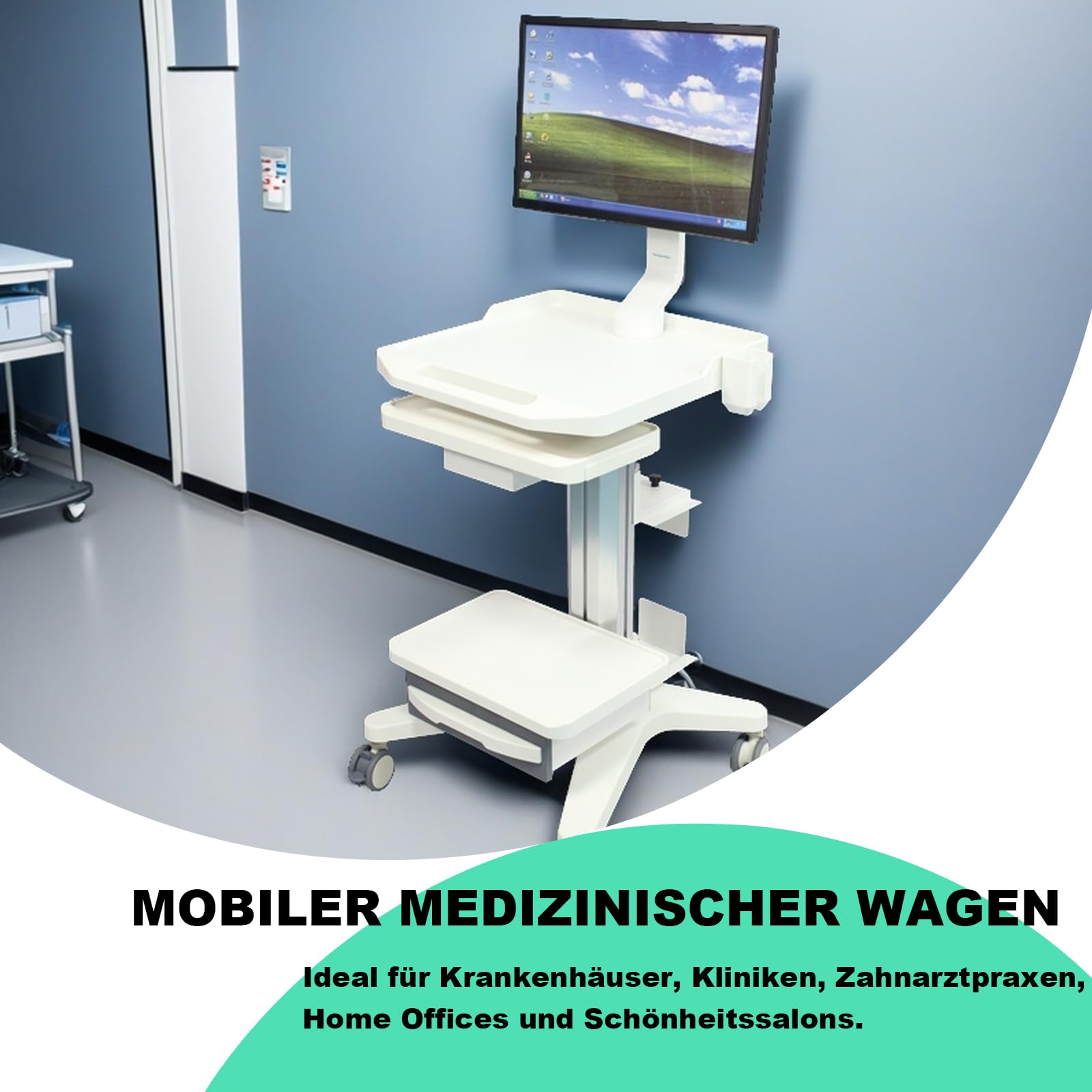 Wózek medyczny do szpitali, klinik stomatologicznych, laboratoriów i salonów kosmetycznych - blat z tworzywa sztucznego ABS, rama ze stopu aluminium, 3 ciche kółka, uchwyt na monitor
