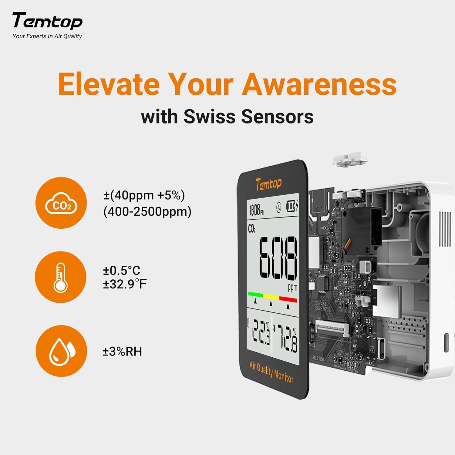Temtop CO2 Monitor Indoor air Quality Monitor Portable CO2 Meter, CO2, Temperature, Humidity Home, Office or School - Image 3