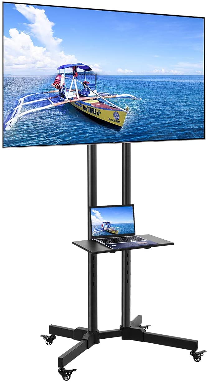 Chulovs Mobile Rolling TV Cart with Lockable Wheels for 32-65inch LED Screen AV Carts & Stands, Tall TV Stand with Mount Height Adjustable Floor TV Stand Holds Up to 50KG Max VESA 600x400mm (Black)