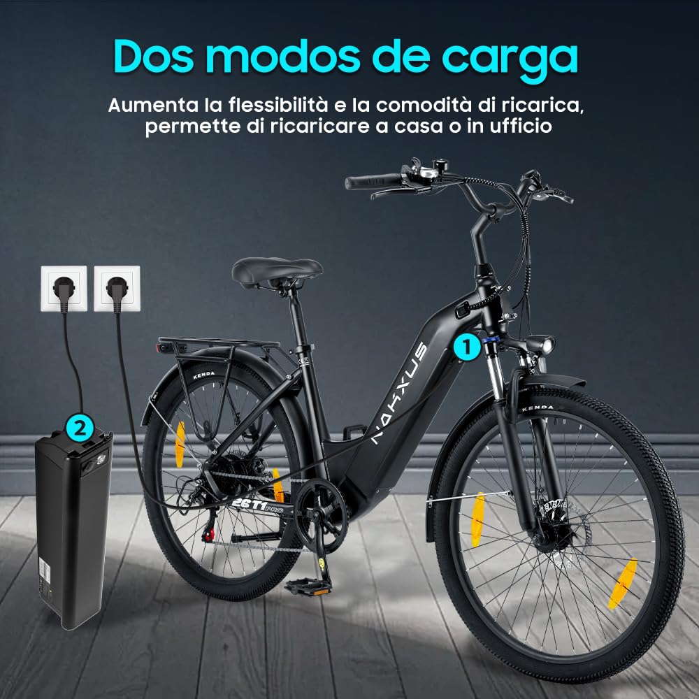 26T1 Bicicleta eléctrica de 26 pulgadas, batería extraíble de 36 V, 18,2 Ah, motor de 250 W, pantalla LCD, 7 velocidades, alcance 90-130 km, 25 km/h, IPX5 resistente al agua para adultos