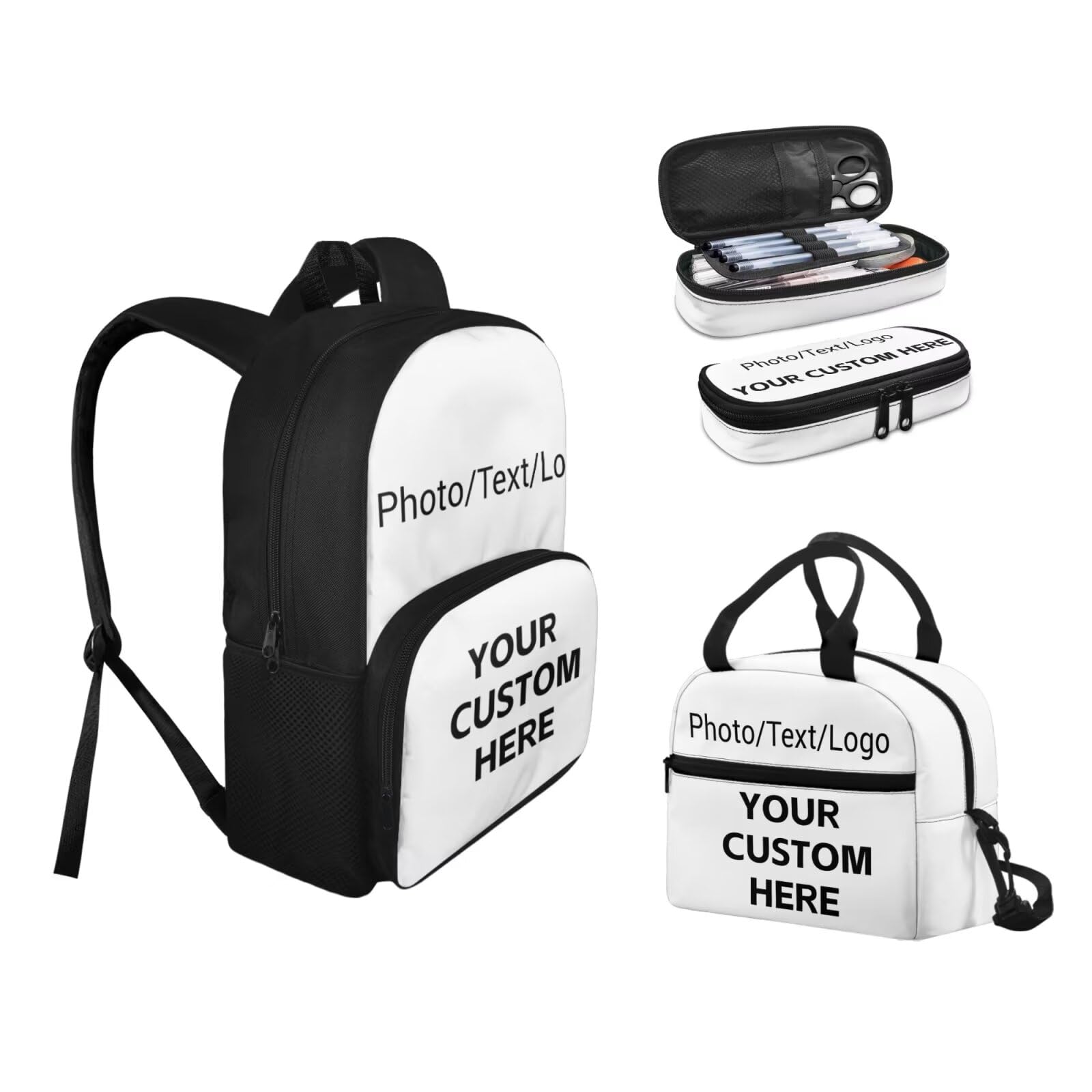 Biyejit Mochila escolar para niños y niñas, con bolsa de almuerzo y estuche para lápices, mochila casual para adolescentes, juego de 3, Imágenes personalizadas con el nombre de tus hijos