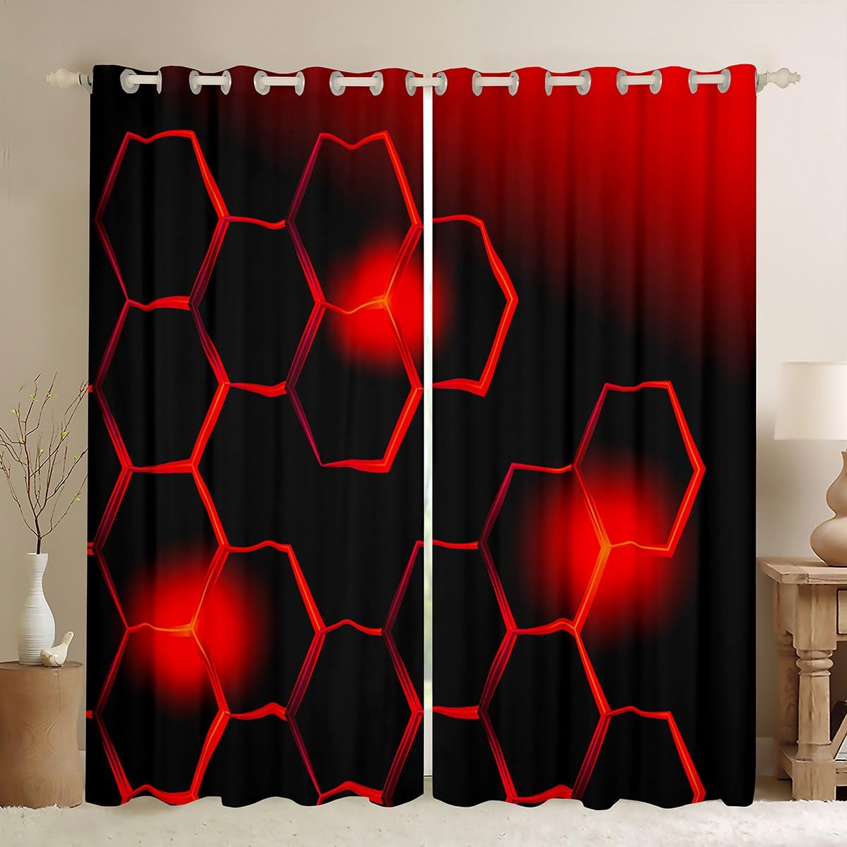 Red and Black Darkening Drapes Honeycomb Curtains for Bedroom Living Room for Kids Decor Geometrical 30%-50% Blackout Curtains Beehive Geometric Window Treatments W52*L90 — image 1