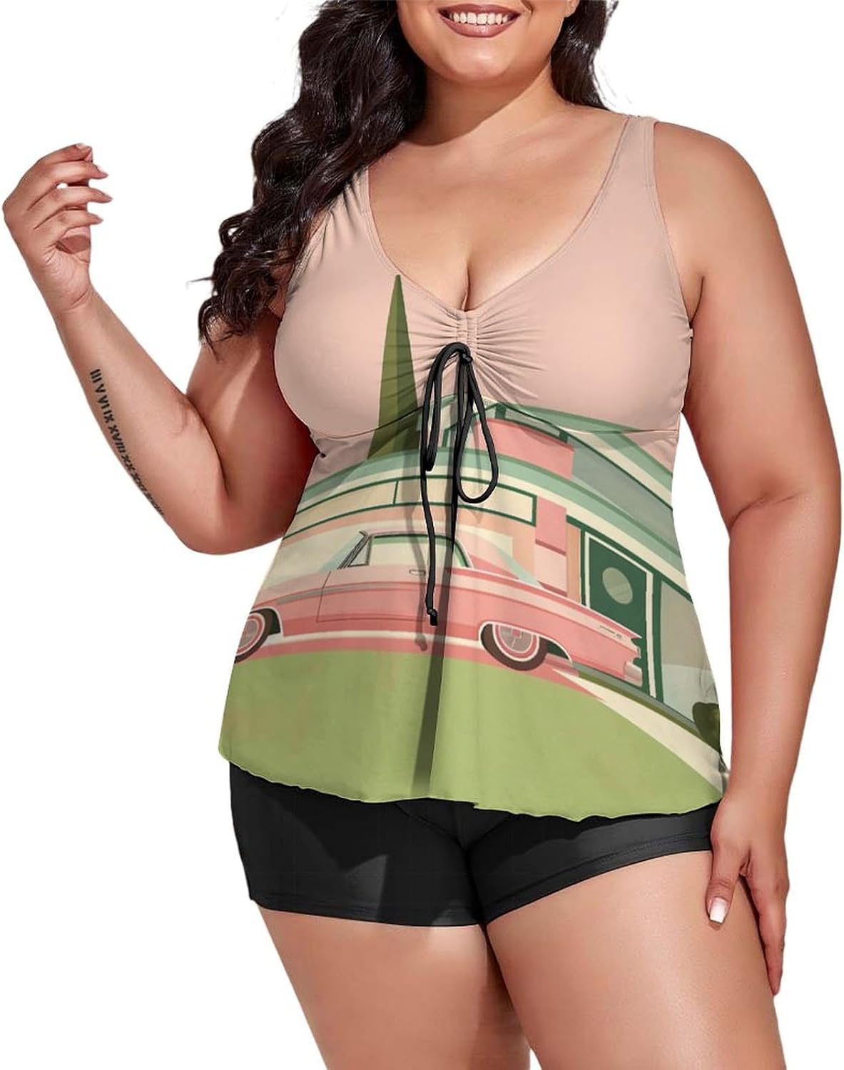 Plus Size Swimdress Mid-Century Modern House Two Piece Tankini Swimsuits Women's Boho Mid Century Bathing Suit with Shorts