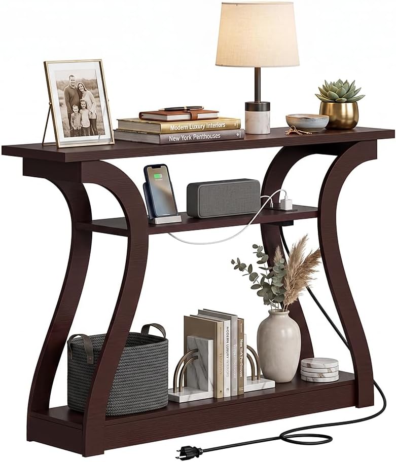 ZenStyle Wood Console Table with with Charging Station, 3 Tier Modern Accent Sofa Table for Entryway, Living Room, Hallway, 50 in Wide, Easy Assembly