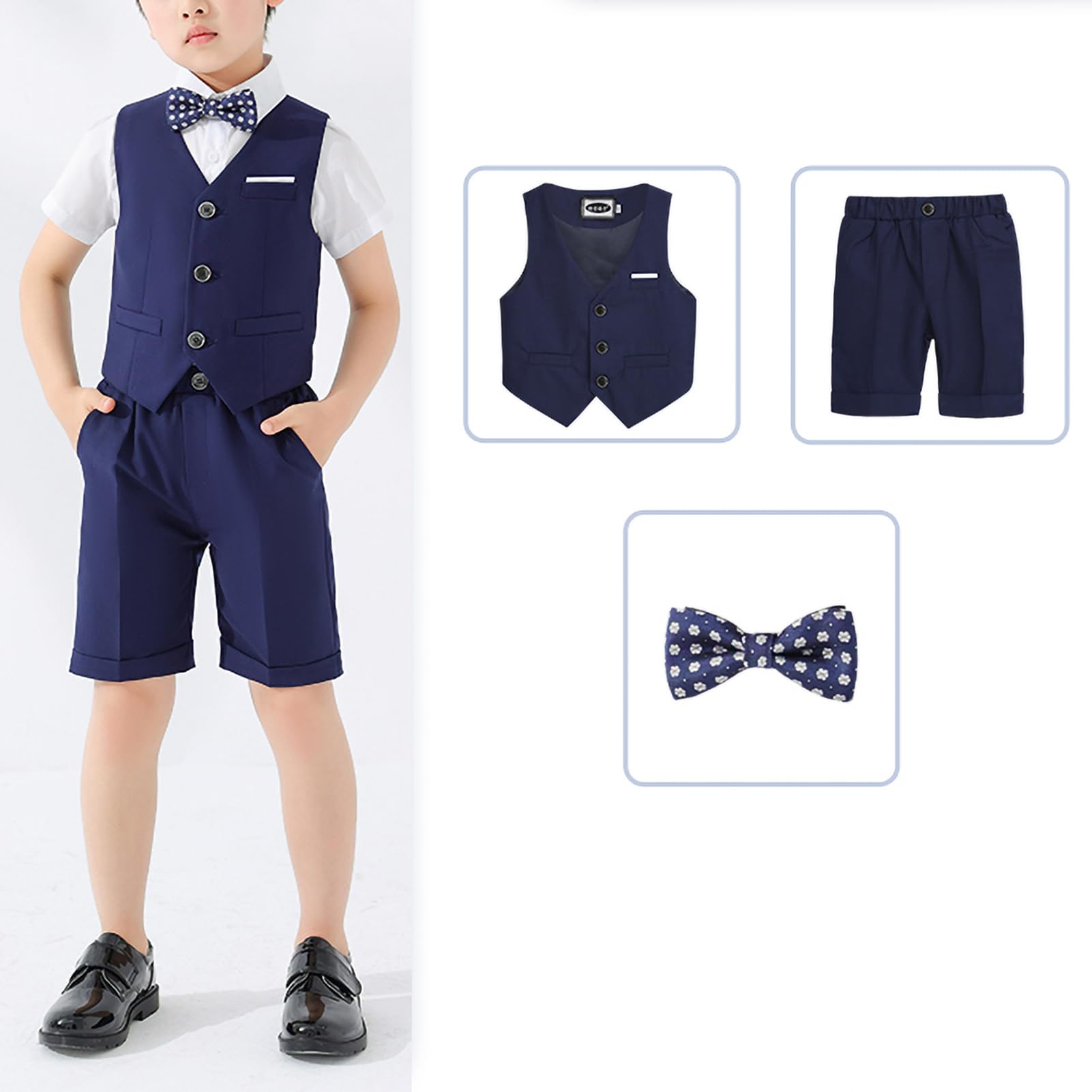 3/4 Pezzi Completo Cerimonia Bambino, Ragazzi Eleganti Abiti da Cerimonia Estivo con Gilet, Pantaloni Corti, Camicia, Papillon