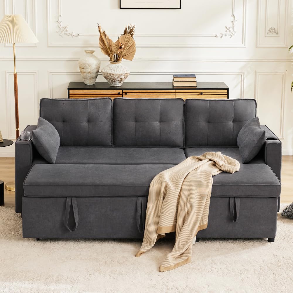 I0I&I0I Brandless Schlafsofa L-Form Mit Schlaffunktion Mit Stauraum Und Getränkehalter, Austauschbar Links Rechts (Gray + Cotton Linen + 3 Seat)