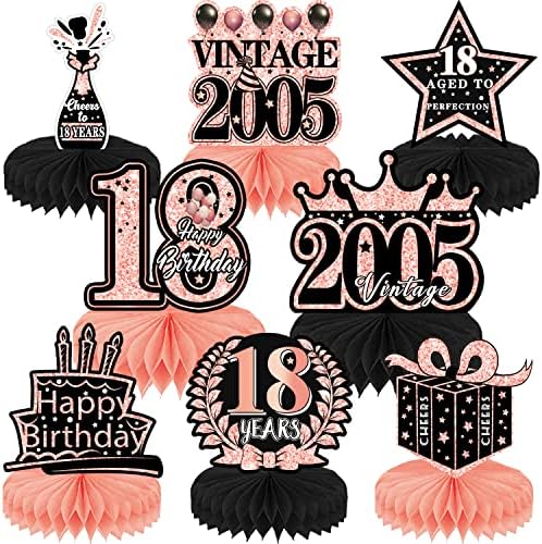 Refavor 18th Birthday Decorations for Girls - 8pcs Pink Birthday Party Decorations 2005 Happy 18th Centerpieces Honeycomb Table Toppers Vintage 18 Years Old Rose Gold Party Supplies Girls