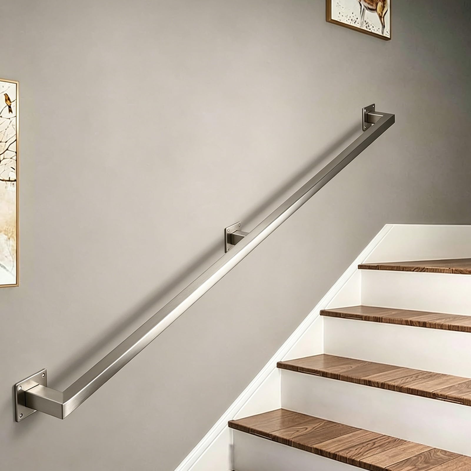 Hamankim One Color Stainless Steel Stair Handrail - 80Cm 1M 2M 3M 4M 5M 6M Wall Support Banister Handle For Indoor Outdoor Steps - Silver Square Pipe Guardrail For Deck Corridor Lofts(3.3Ft/1M)