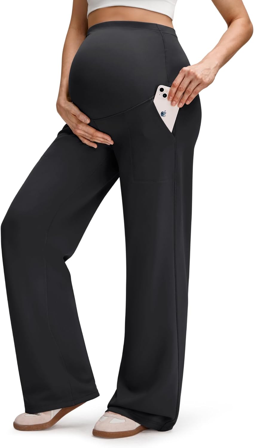 G4Free EverGoing Fleece Lined Maternity Wide Leg Pants Over The Belly Pregnancy Trousers with Pockets - Image 2