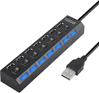 RIIEYOCA Multi Port USB Hub Splitter,7-Port USB 2.0 Data Hub with Individual ON/Off Switches and LED,40cm Extended Cable USB Port Expander for All USB Device