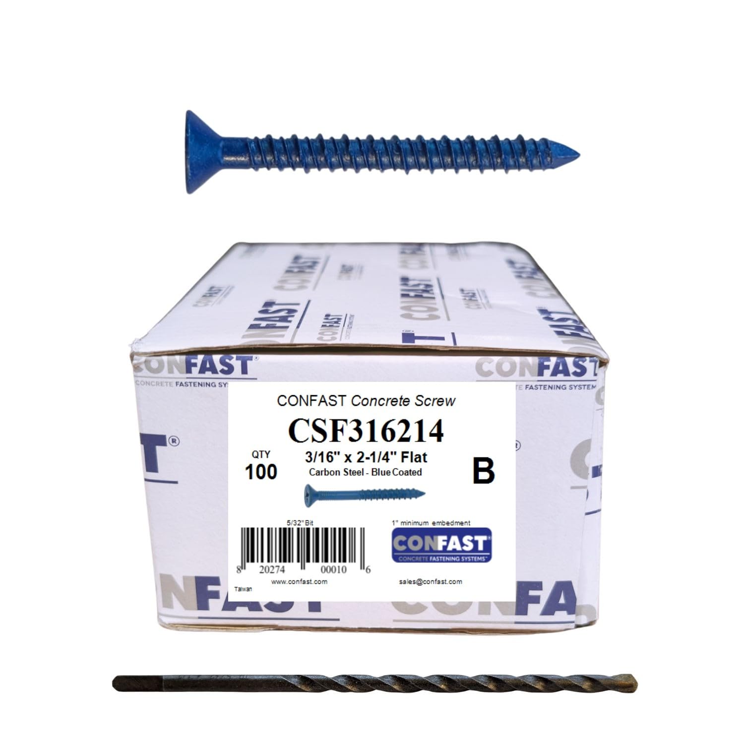 3/16" X 2-1/4" Flat Phillips Concrete Screw Anchor with Drill Bit (100 Per Box)