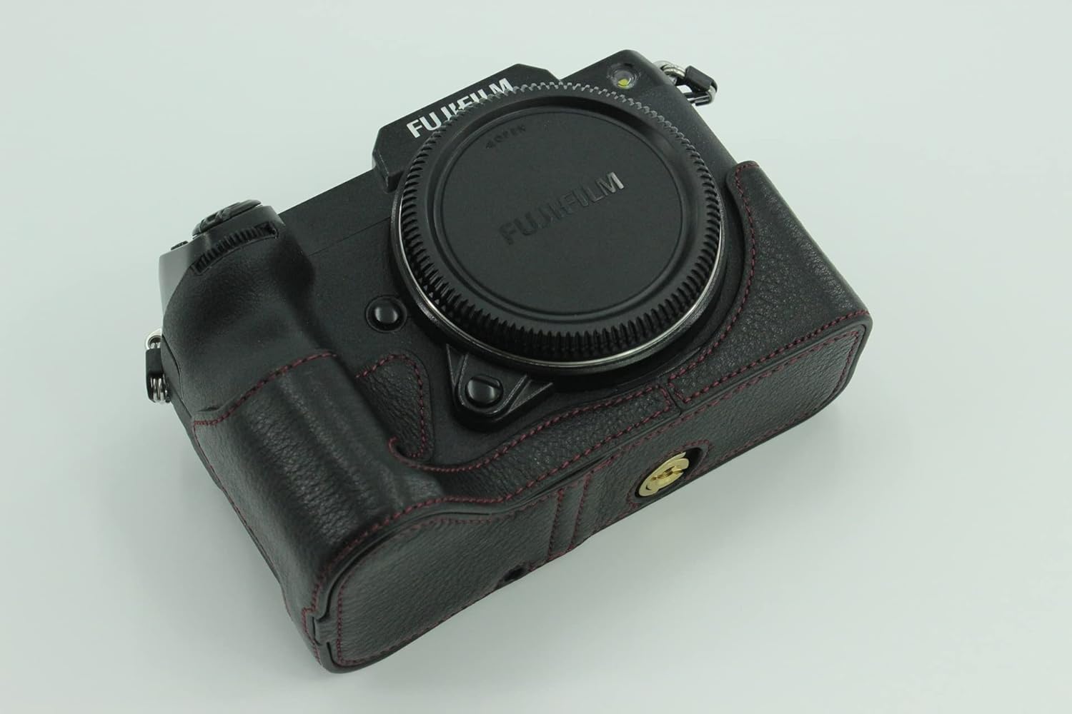 GFX 100S Case, BolinUS Handmade Genuine Real Leather Half Camera Case Bag Cover for Fuji Fujifilm GFX 100S Bottom Opening Version + Hand Strap (Black)