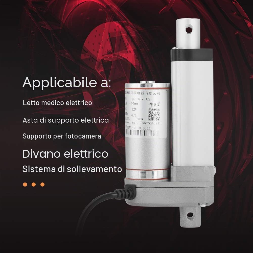 Attuatore Lineare 12V DC Pistone Elettrico Multifunzione Attuatore Lineare con Spinta 1500N Corsa 50MM per Automazione Medica e Industriale