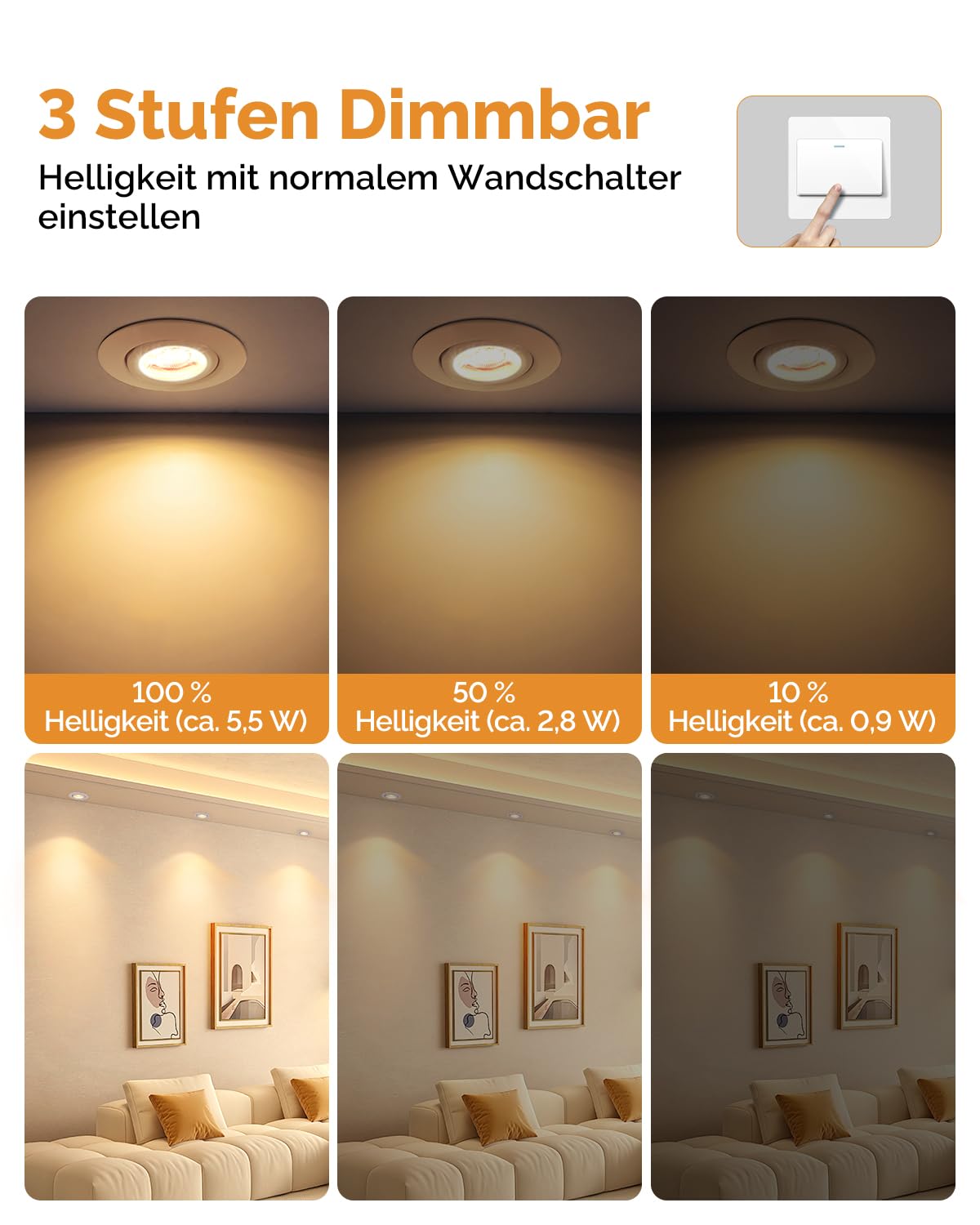 wowatt 12er LED Einbaustrahler 230V 3 Stufe Dimmbar, LED Spots 68mm Lochmaß | 5.5W 600LM Einbauleuchten Schwenkbar 2800K Warmweiß, IP44 Spots Deckenleuchte Ultra Flach für Badezimmer Küche, Weiß Rund