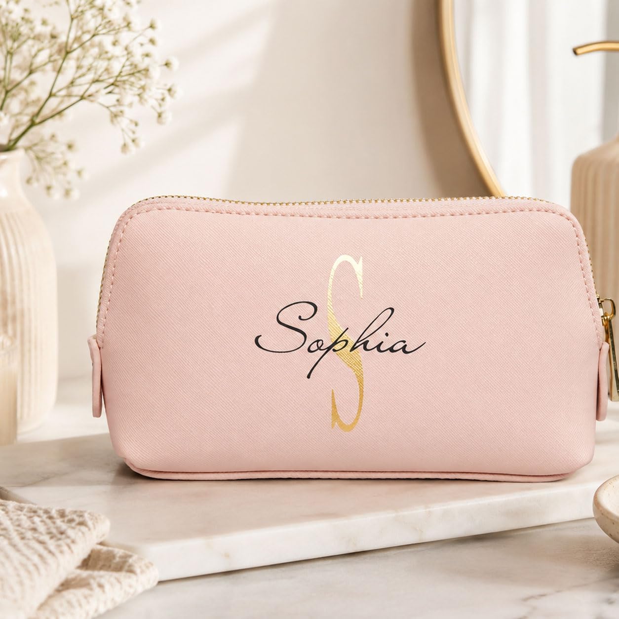 Kulturtasche mit Initiale und Namen, personalisierte Schminktasche, Beauty Bag in Zwei Größen, Kosmetiktasche mit Wunschnamen (Große Tasche - L)