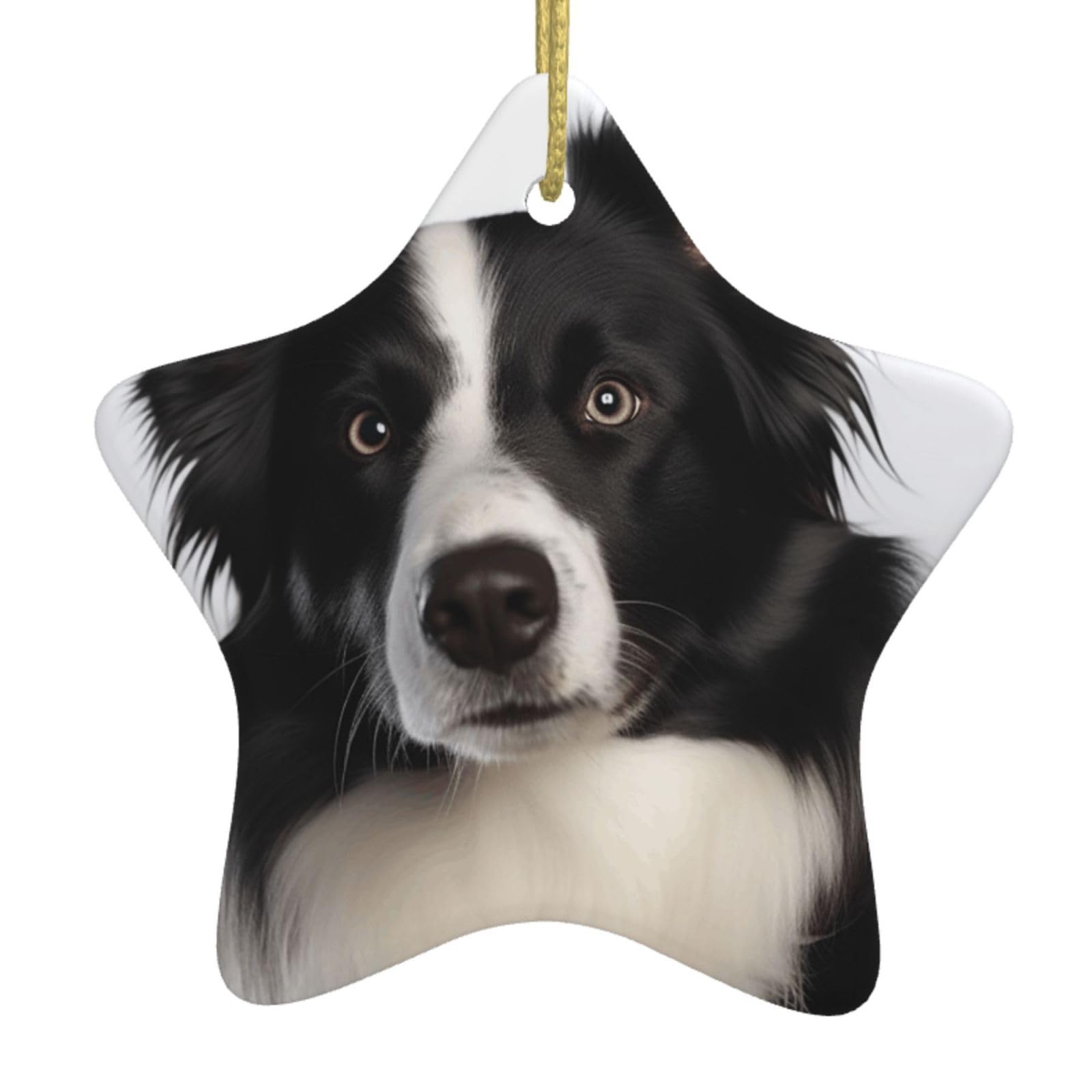 Ceramic Christmas Tree Hanging Ornaments with Gold Ropes Christmas Tree Decorations Star Ceramic Border Collie Pendant Keepsake Decorations for Holiday Xmas Gift Ideas