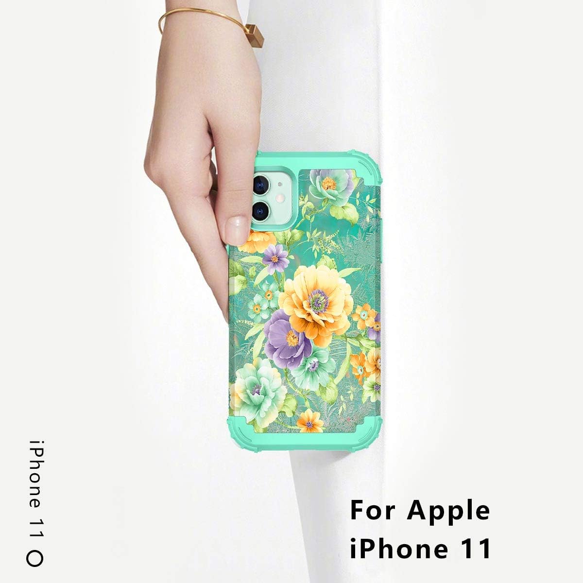 Hekodonk Compatible iPhone 11 Case Floral Design Heavy Duty Shockproof Fullbody Protective Impact Hybrid Hard Cover for Apple iPhone 11 Green Floral