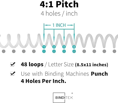 Miniatura 3 de Binditek Paquete de 50 bobinas de encuadernación en espiral de plástico, 6 mm (14"), capacidad de 30 hojas, paso 41, blancas, 48 bucles, para tamaño