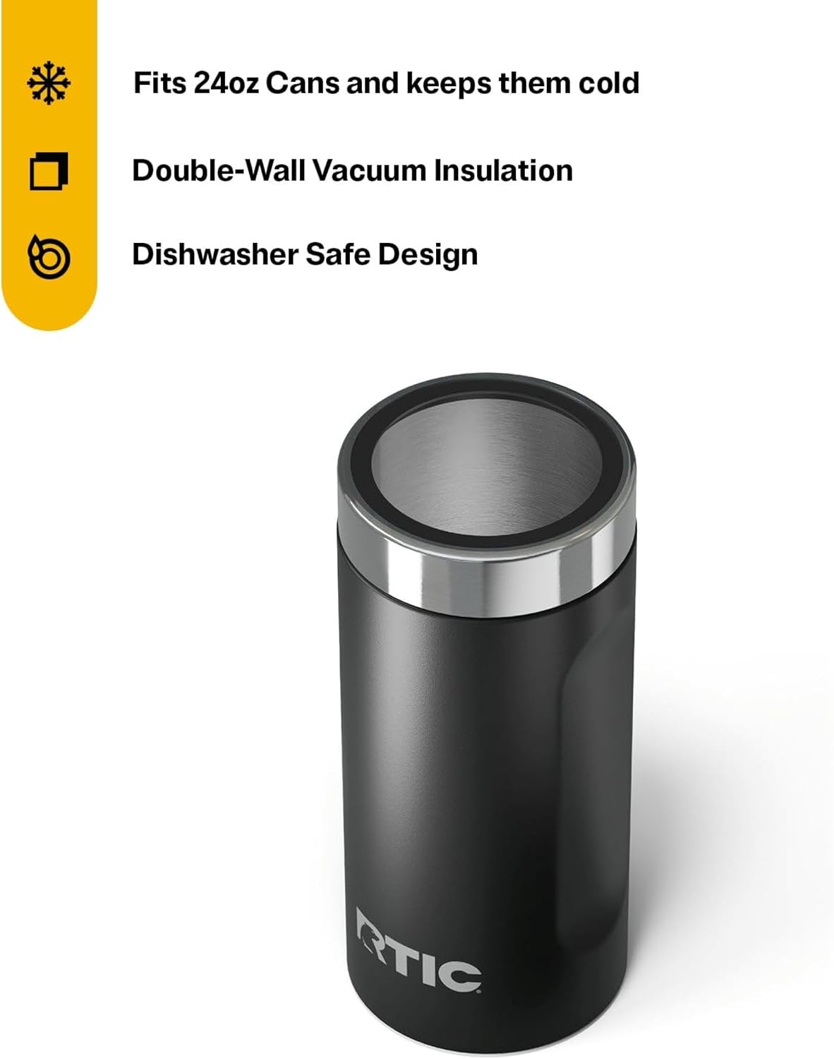 RTIC 24oz Essential Can Cooler Holder with Lid, Double-Wall Insulated Chiller for Beer, Soda, Beverage, Stainless Steel, Metal, Sweatproof, Black